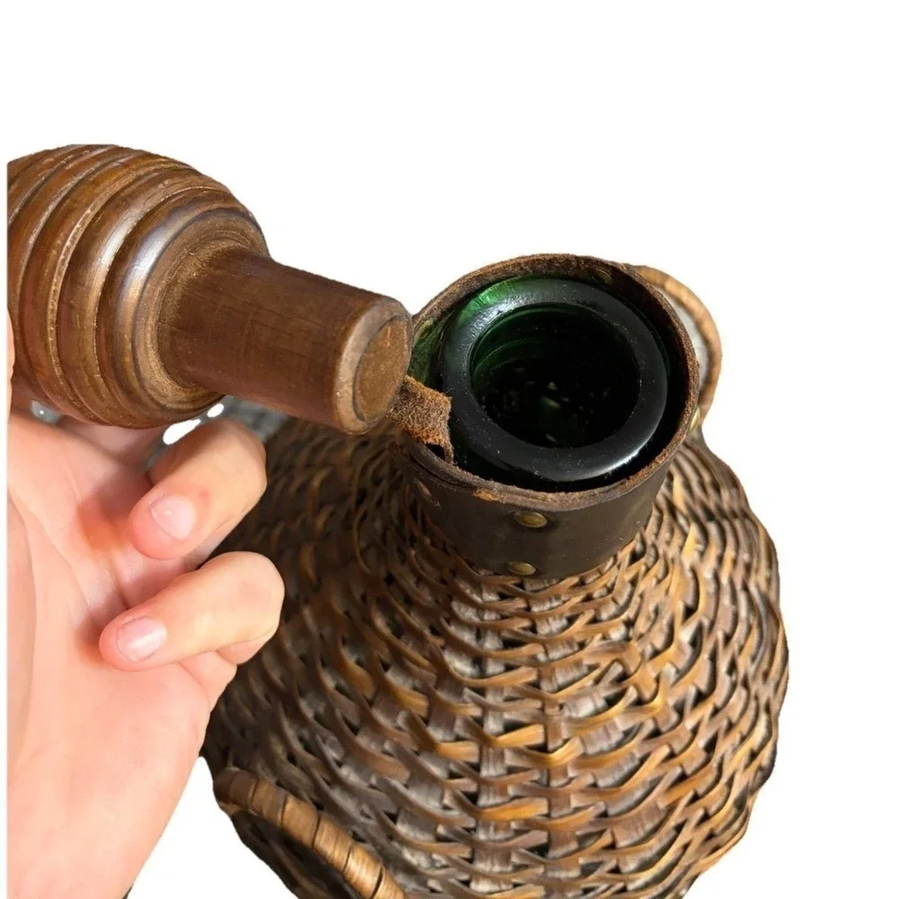 Vintage Demijohn Carboy Wine Jug Wicker Cover Green Glass Bottle Large 18